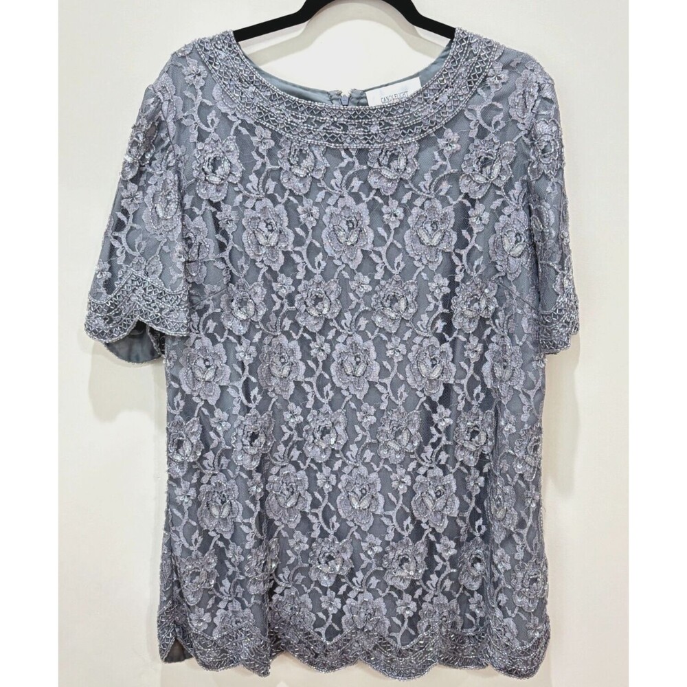 Vintage Beaded Sequin Top Womens 16W Silver Iridescent Floral Elegant Wedding